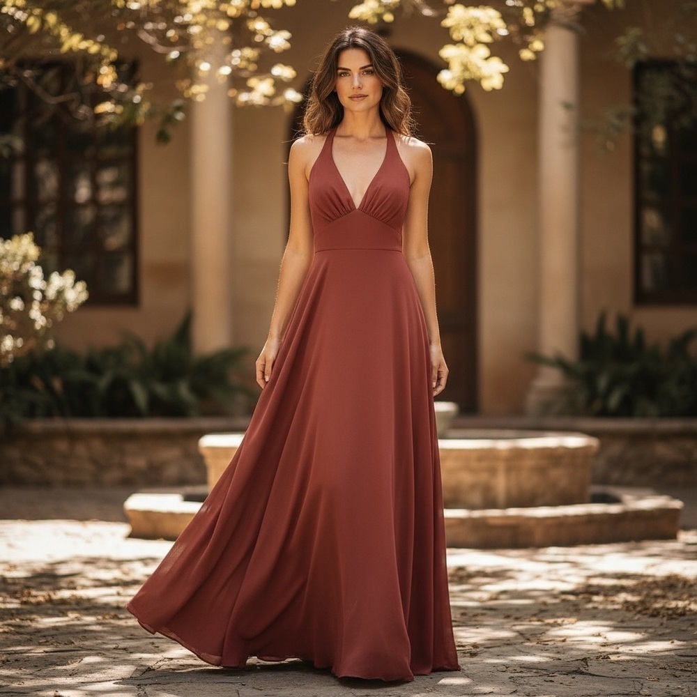 Revelry Babydoll Maxi Dress Cinnamon Brown Gown